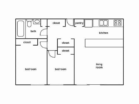 A floor plan of a house with a living room, two bedrooms, a kitchen, a pantry, and a bath.